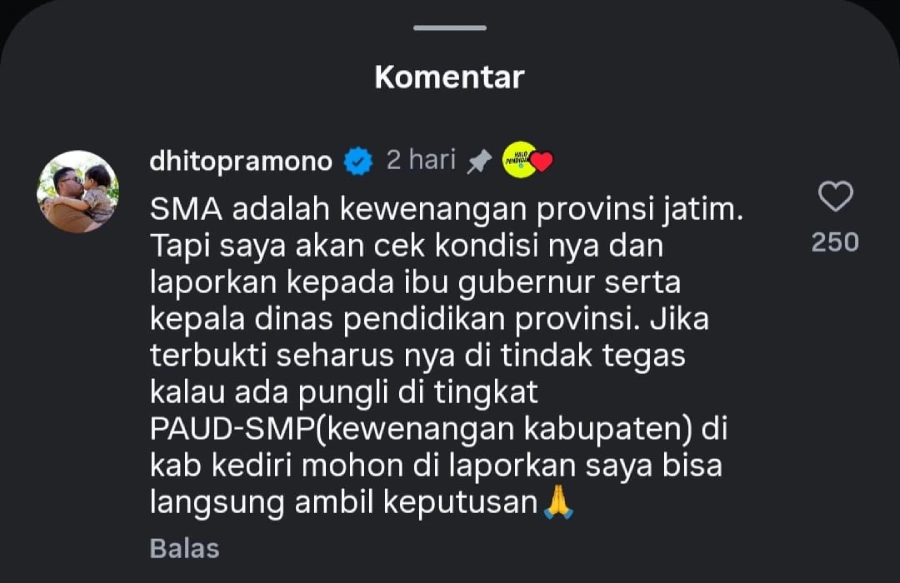 Dugaan Pungli di SMA Kabupaten Kediri Disorot Mas Dhito, Cabdin Minta Wali Murid Berani Lapor