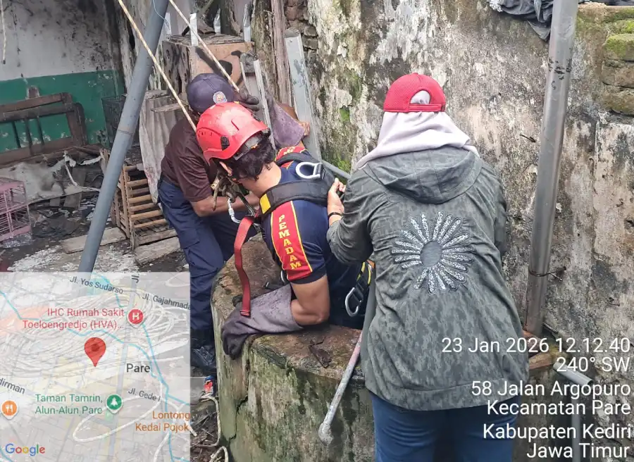 Damkar Kabupaten Kediri Evakuasi Kucing Masuk Sumur