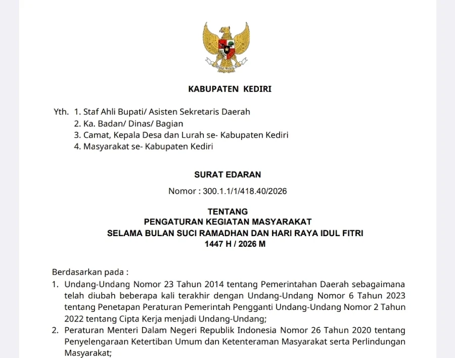 Pemkab Kediri Terbitkan SE Ramadan 2026, Larang Sound Horeg Hingga Balap Liar